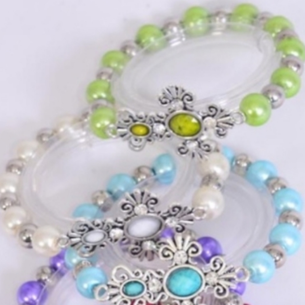 Cross Bracelet Lt GREEN Silver Cross w Lt Green color Beads and adjustable band